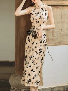Beige Floral Velvet Lace Halter Midi Dress Size S